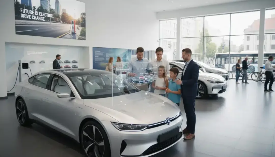 Family discussing electric vehicle purchase at dealership