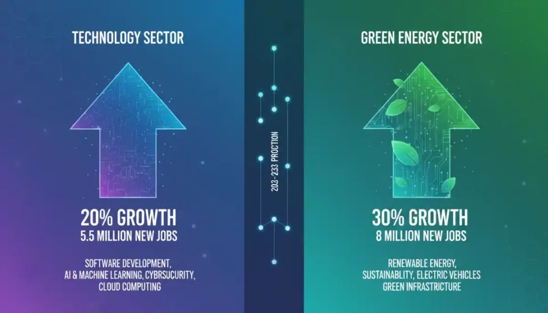 Infographic showing projected job growth in technology and green energy sectors for 2026.