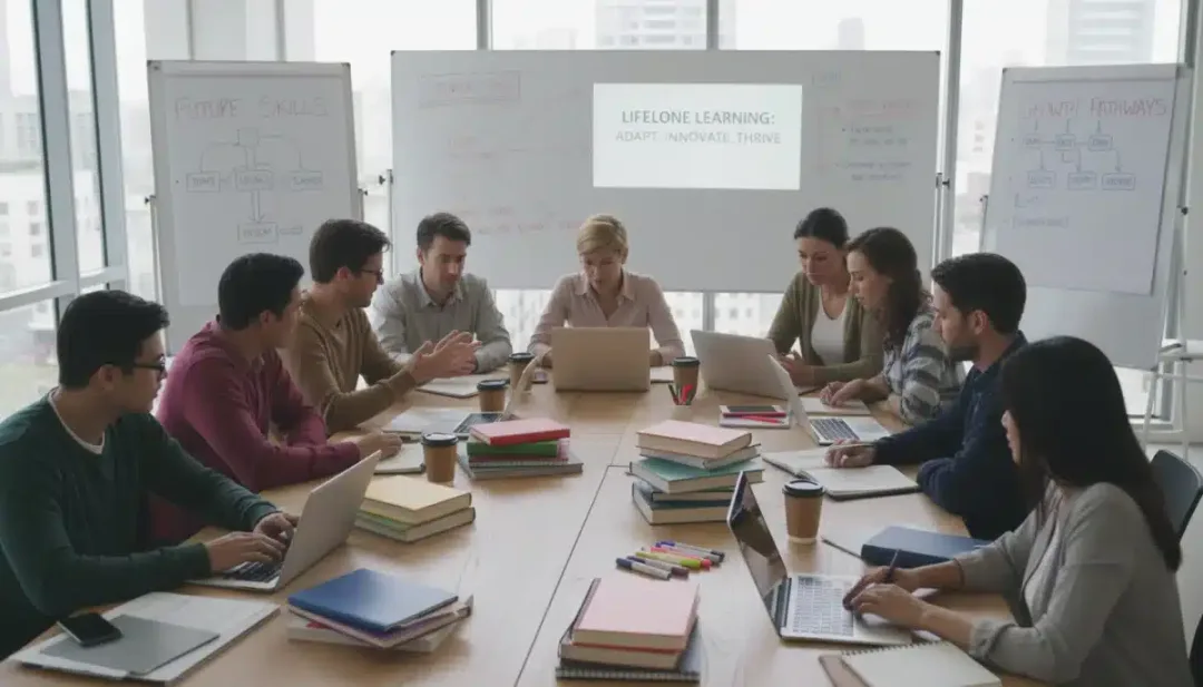 Professionals participating in online learning and reskilling programs for future job markets.