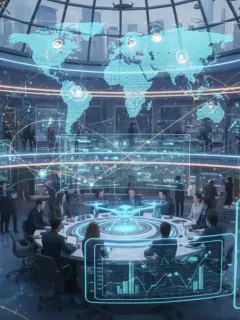Future of work trends, digital transformation, and professional collaboration in a modern office setting.