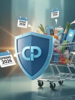 Shield safeguarding shopping cart and consumer goods, representing new consumer protection regulations in 2026.