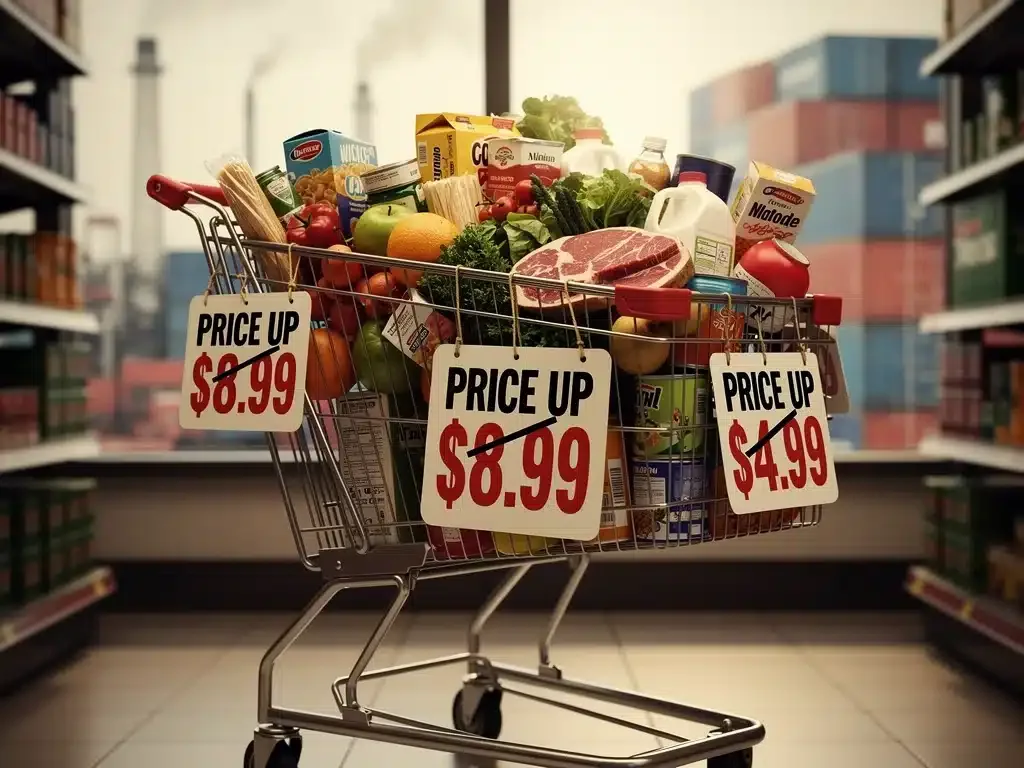 Grocery shopping cart with visibly higher prices, reflecting the projected 10% increase by 2026.