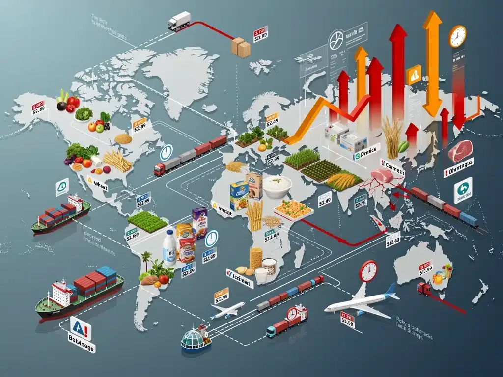 Global food supply chain showing interconnected routes and rising grocery prices forecast for 2026.