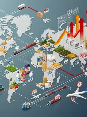 Global food supply chain showing interconnected routes and rising grocery prices forecast for 2026.