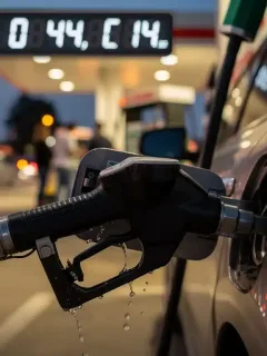 Gas pump nozzle and digital display showing fluctuating prices at a gas station
