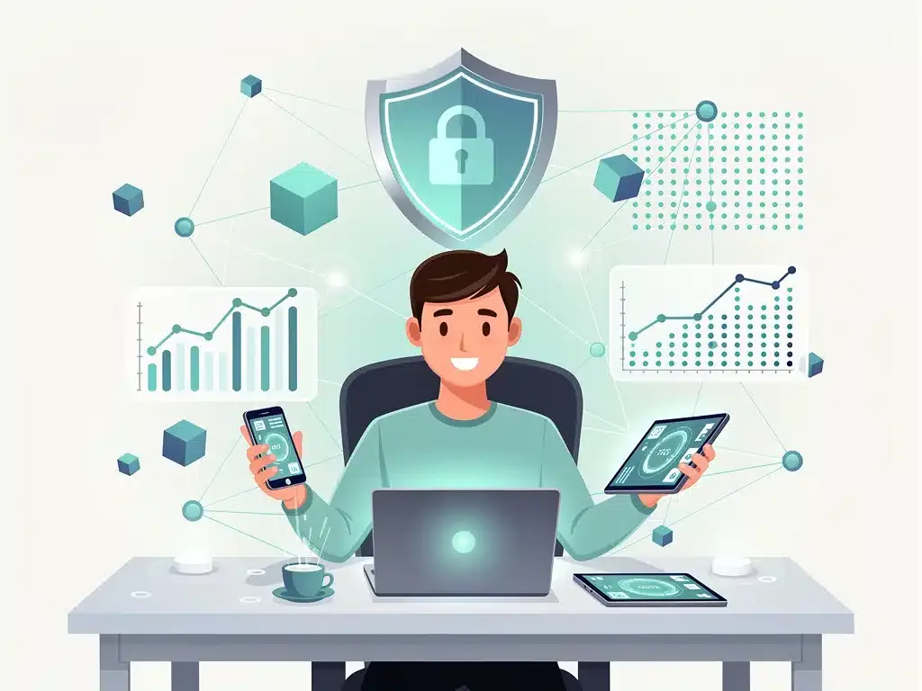 Person with devices, data points, and shield icon, symbolizing personal data protection.
