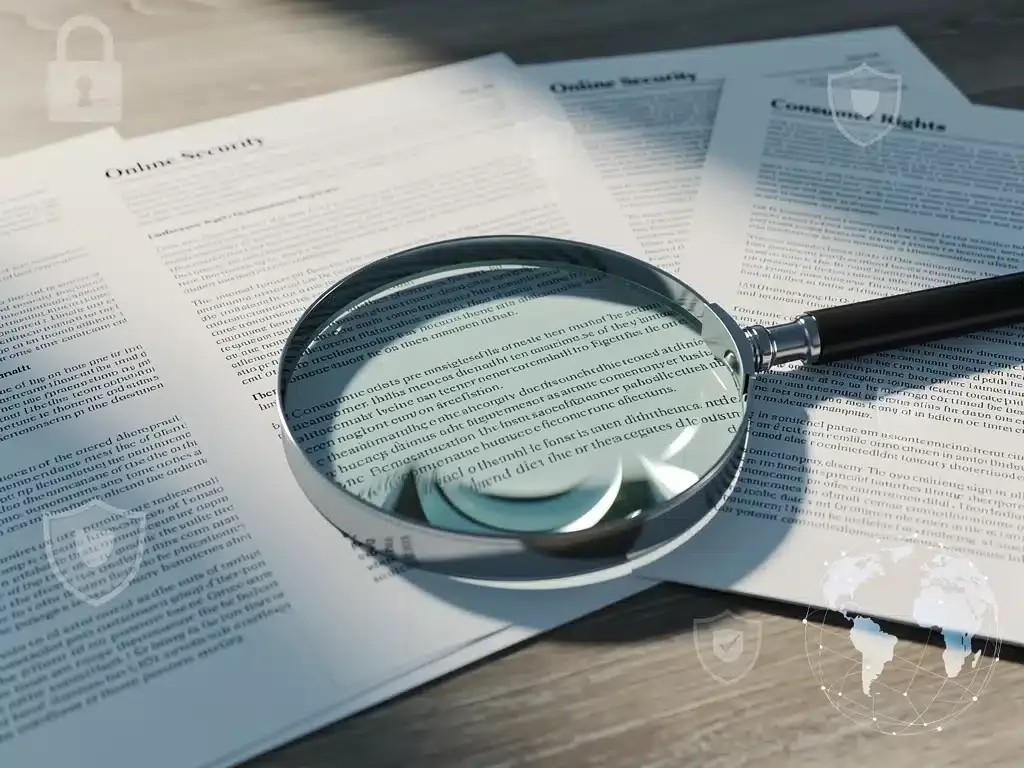 Legislative documents and magnifying glass examining online security clauses.