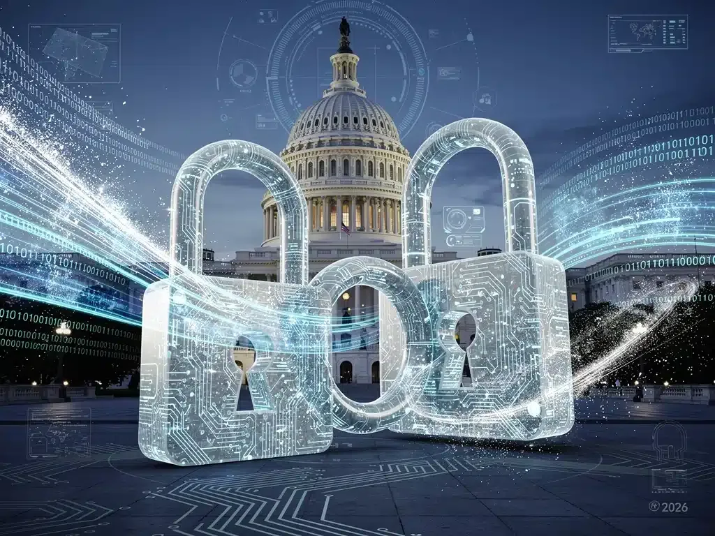 Digital locks and data streams over U.S. Capitol, representing federal digital privacy legislation.