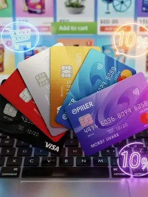 Credit cards fanned out on laptop keyboard, cashback rewards