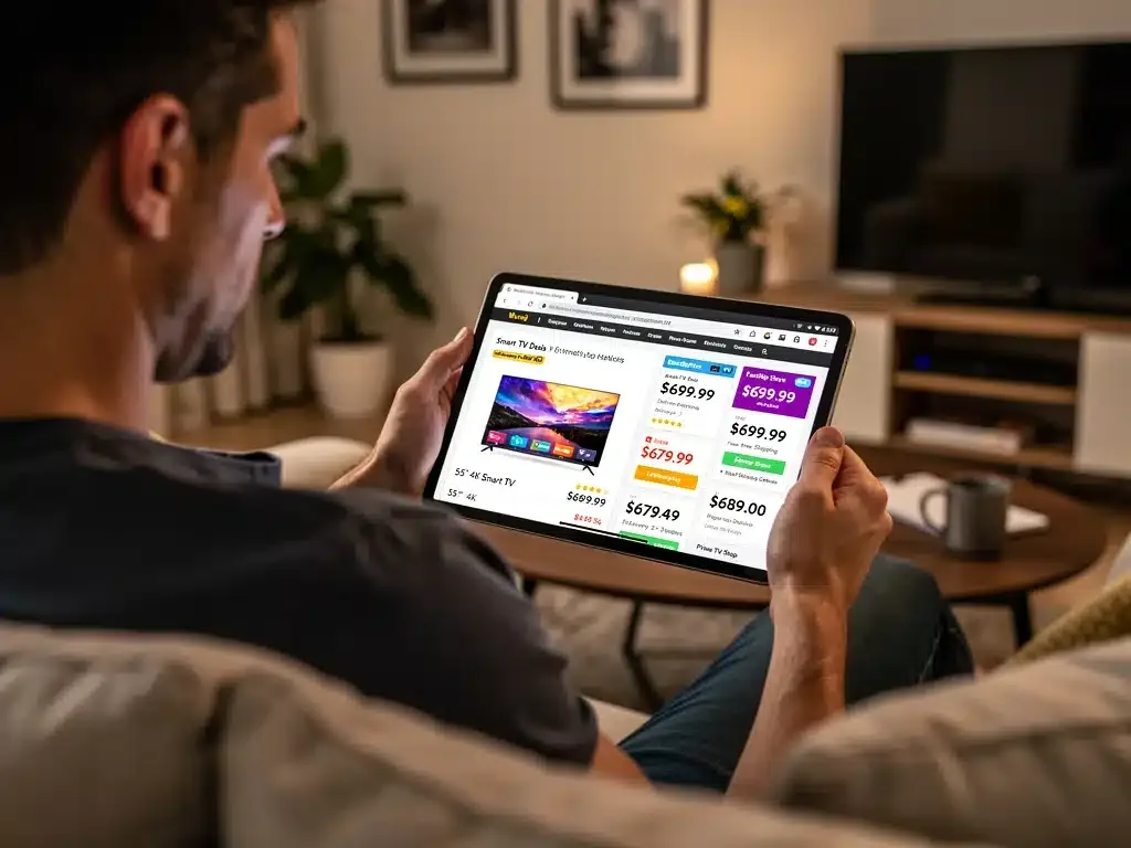 Person comparing smart TV prices on a tablet across various online stores.