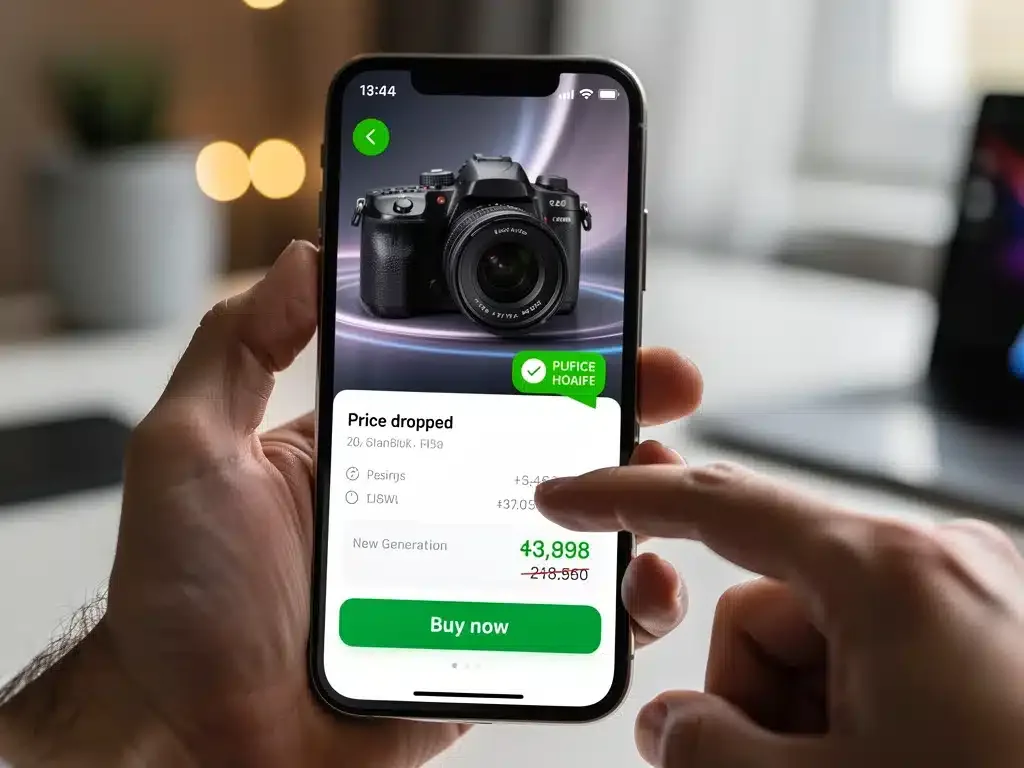 Price tracking app on a smartphone notifying about a deal on an electronic device.