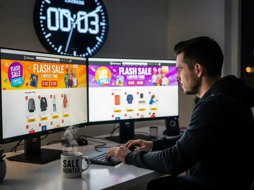 Shopper monitoring multiple screens during a flash sale, highlighting preparedness and quick action.