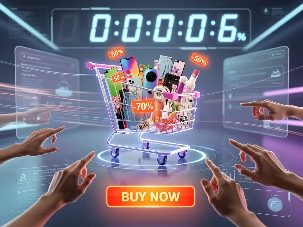 Dynamic graphic showing a shopping cart, timer, and hands reaching for a 'Buy Now' button, symbolizing flash sales in 2026.