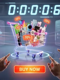 Dynamic graphic showing a shopping cart, timer, and hands reaching for a 'Buy Now' button, symbolizing flash sales in 2026.