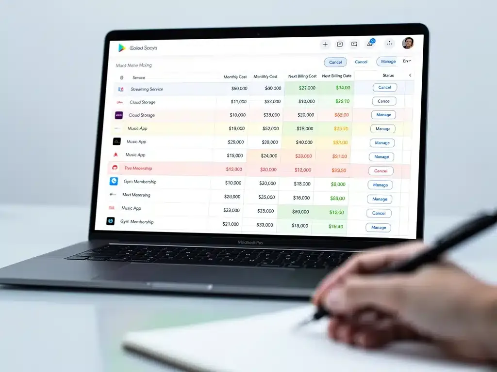 Computer screen showing subscription audit spreadsheet with costs and cancellation options.