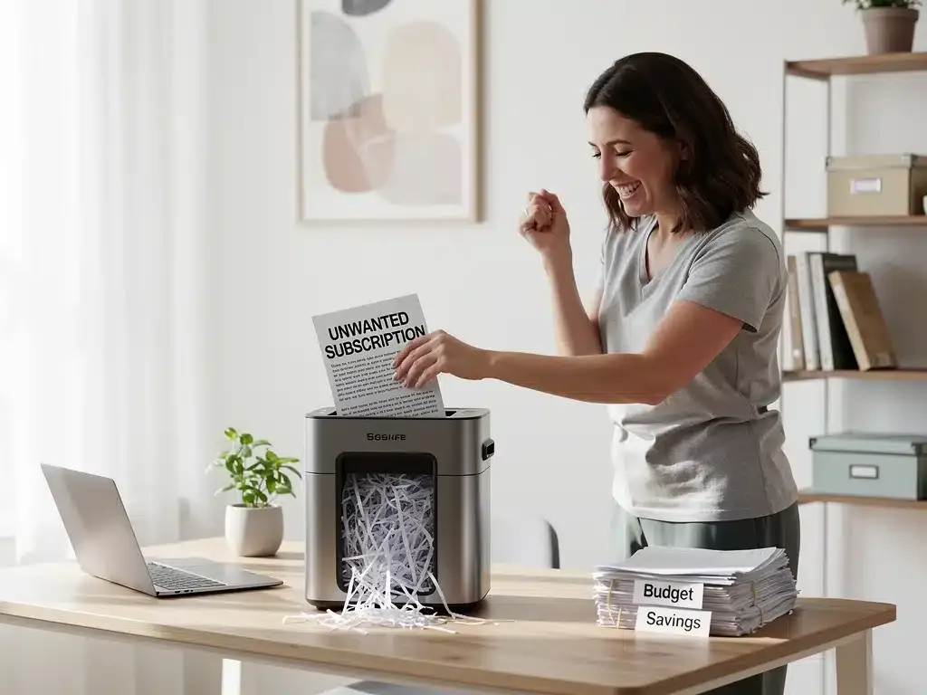 Person shredding a document, symbolizing subscription cancellation and financial freedom.