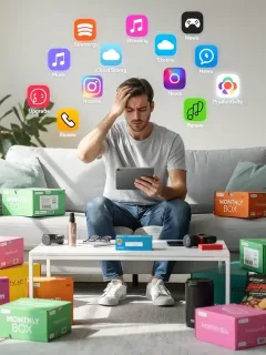 Overwhelmed person surrounded by subscription boxes and digital icons, representing subscription fatigue.