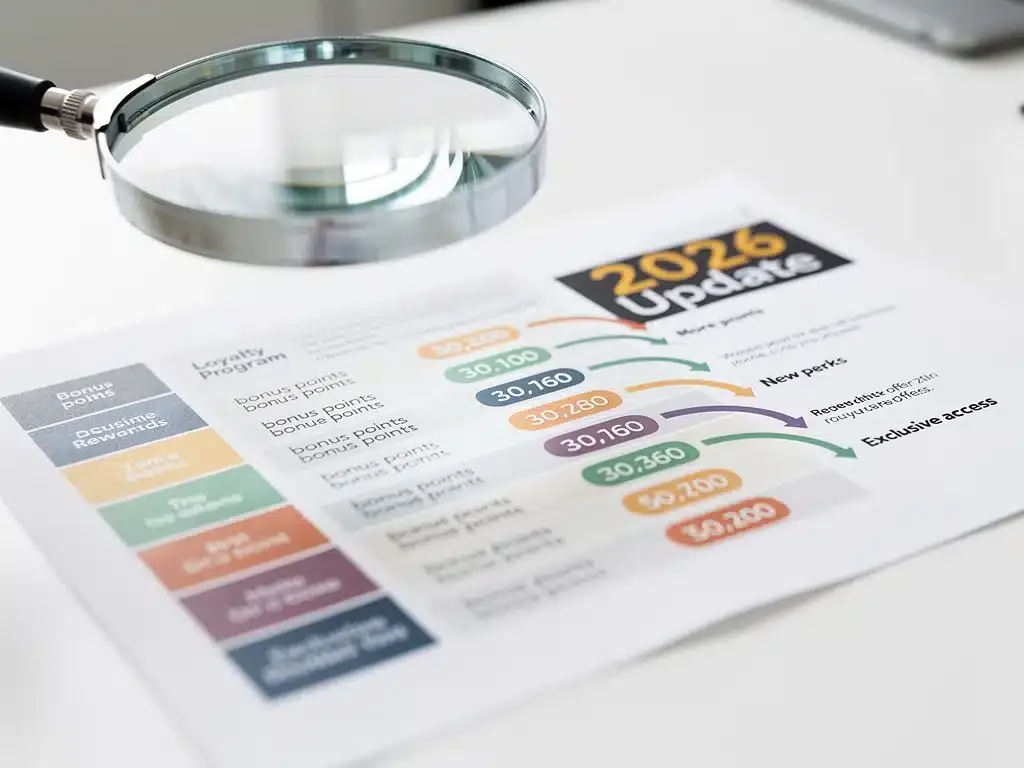 Magnifying glass examining a detailed chart of 2026 loyalty program reward tiers and bonus points.
