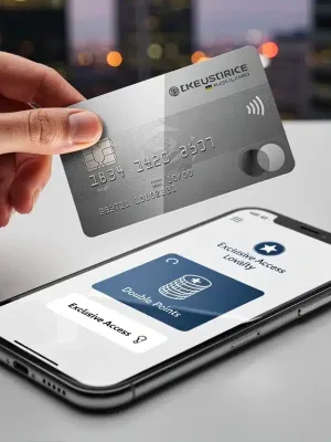 Credit card and smartphone displaying loyalty program app with double points and exclusive access features.