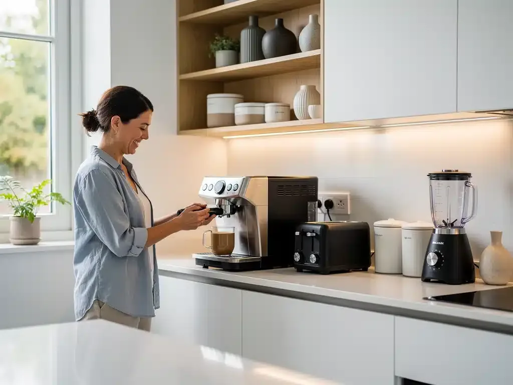 Woman arranging stylish, discounted kitchen appliances from smart shopping