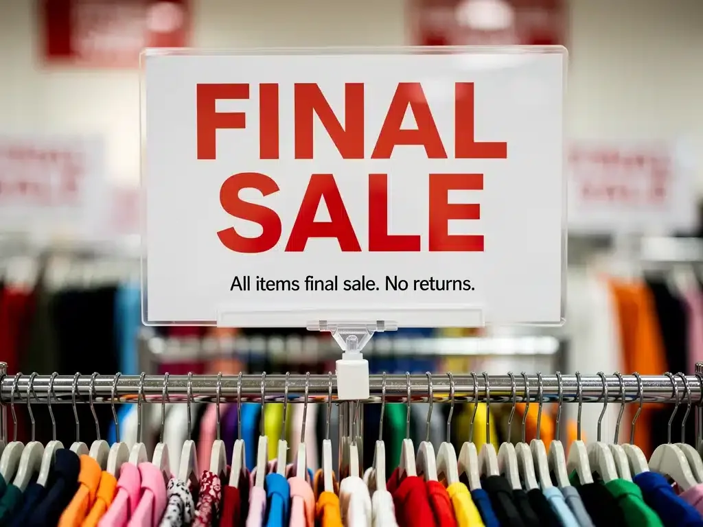 Prominent 'Final Sale' sign on a clothing rack in a retail store