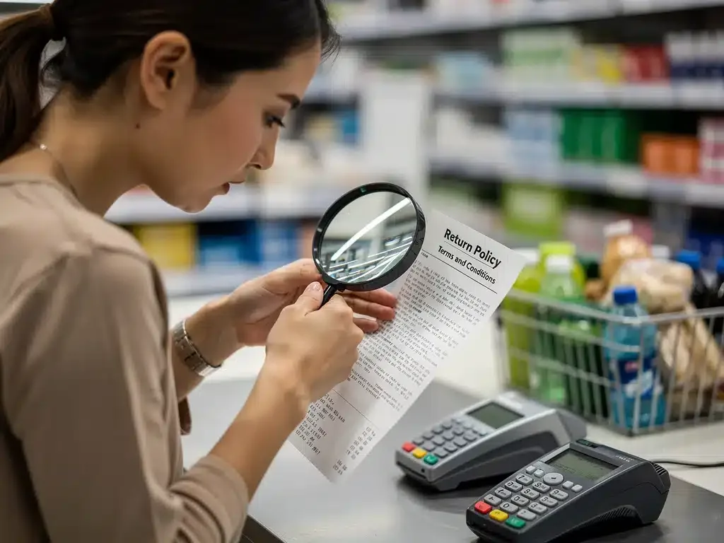 Person using a magnifying glass to read fine print on a receipt