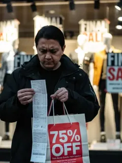 Woman contemplating a final sale purchase with a large discount tag