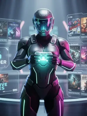 Futuristic gamer with controller, surrounded by holographic displays of 2026 video game pre-order information and exclusive bonus offers.