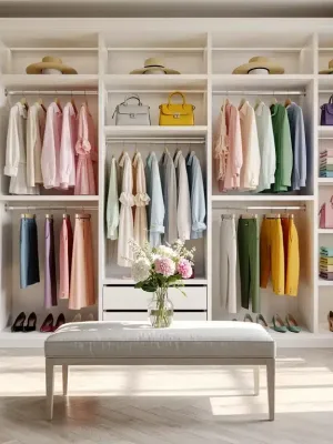 Organized spring wardrobe with colorful clothing and accessories