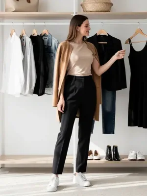 Woman showcasing versatile minimalist capsule wardrobe pieces. minimalist chic