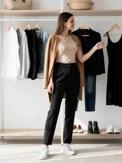 Woman showcasing versatile minimalist capsule wardrobe pieces. minimalist chic