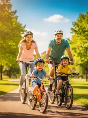 Family cycling outdoors, symbolizing health and well-being under new CDC guidelines.