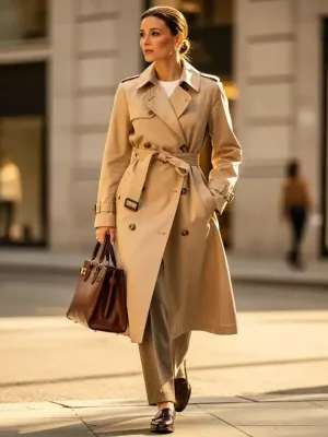 Woman in classic trench coat, symbolizing timeless fashion investment
