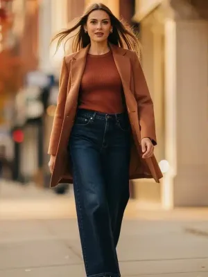 Model showcasing dark wash wide-leg denim jeans for fall 2026