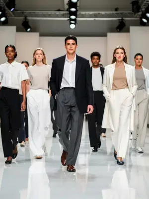 Models showcasing modern gender-neutral fashion on a runway.