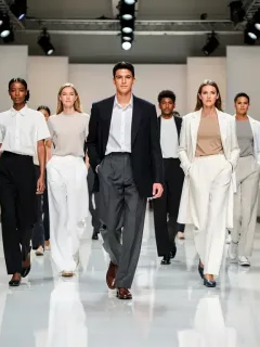 Models showcasing modern gender-neutral fashion on a runway.