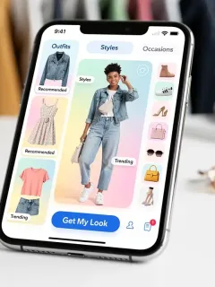 Modern smartphone displaying a personal styling app interface with fashion recommendations for U.S. users