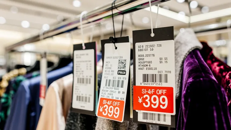 Close-up of department store clearance tags on designer clothing, indicating deep discounts
