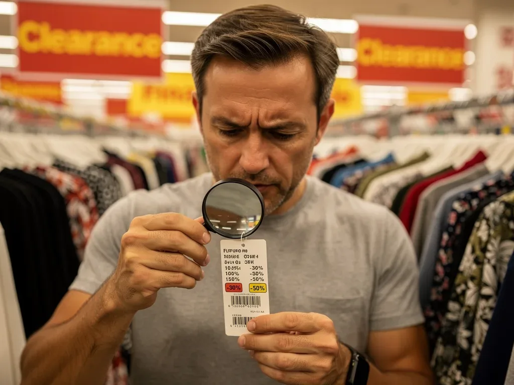 Shopper examining a clothing tag in a department store clearance section