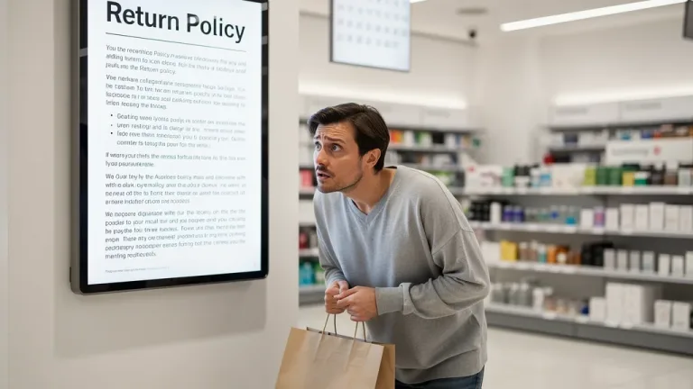 Shopper confused by new 2026 return policy sign in a store