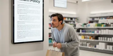 Shopper confused by new 2026 return policy sign in a store