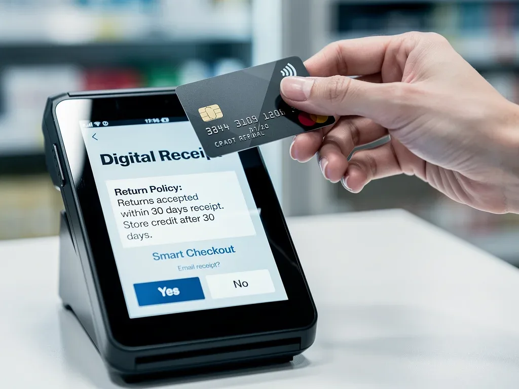 Credit card payment with digital receipt showing return policy details