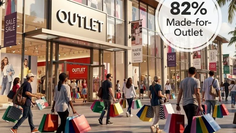 Shoppers entering a busy outlet mall, exploring deals and discounted merchandise