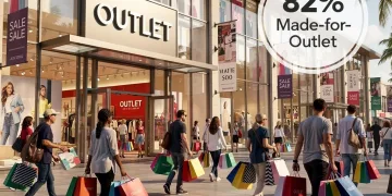 Shoppers entering a busy outlet mall, exploring deals and discounted merchandise