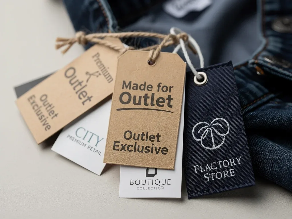Comparison of clothing tags indicating 'made for outlet' versus original retail store labels