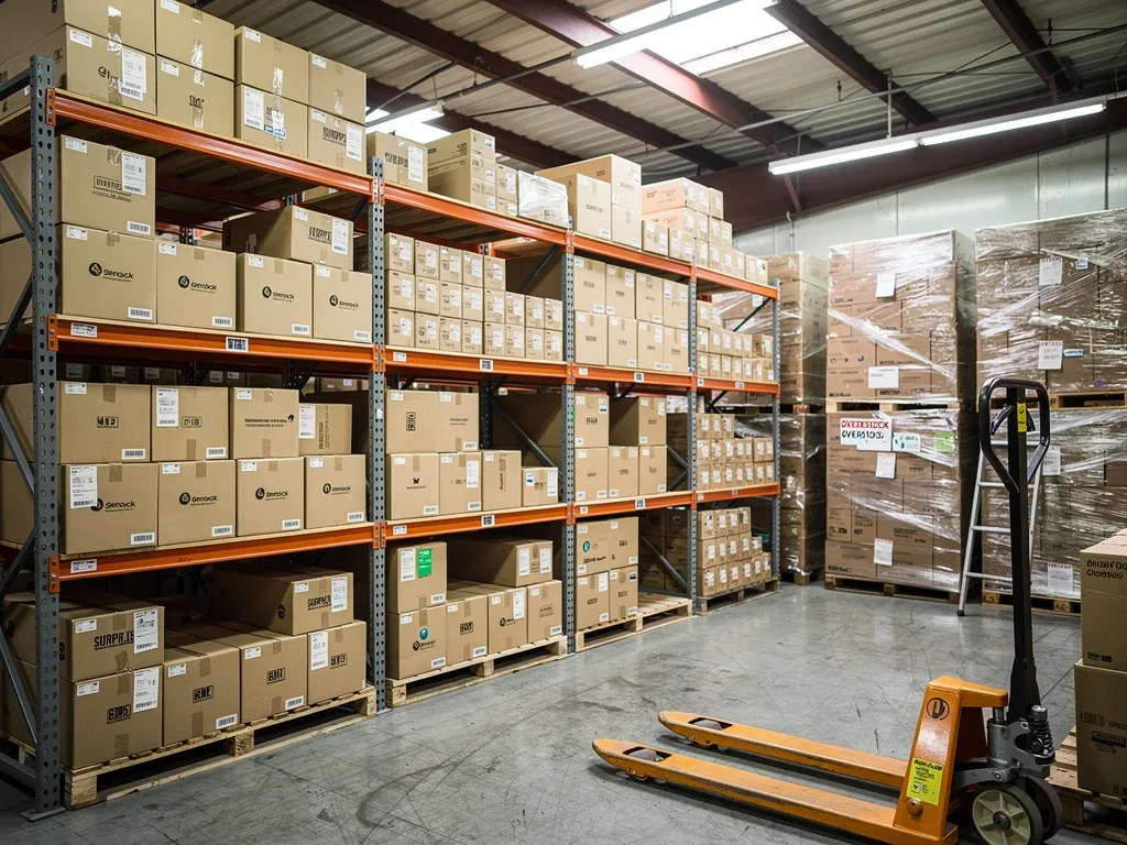 Warehouse filled with authentic overstock inventory, neatly organized
