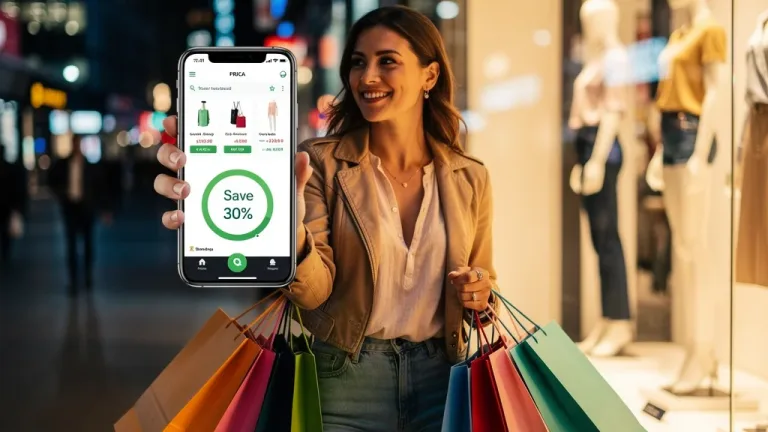 Woman smiling, checking phone for price drops after shopping