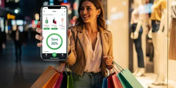 Woman smiling, checking phone for price drops after shopping