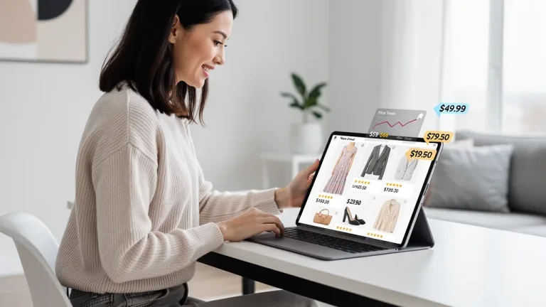 Woman shopping online, navigating dynamic pricing on fashion items