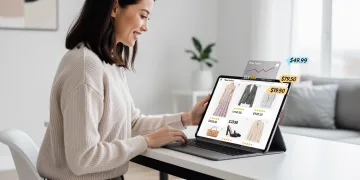 Woman shopping online, navigating dynamic pricing on fashion items